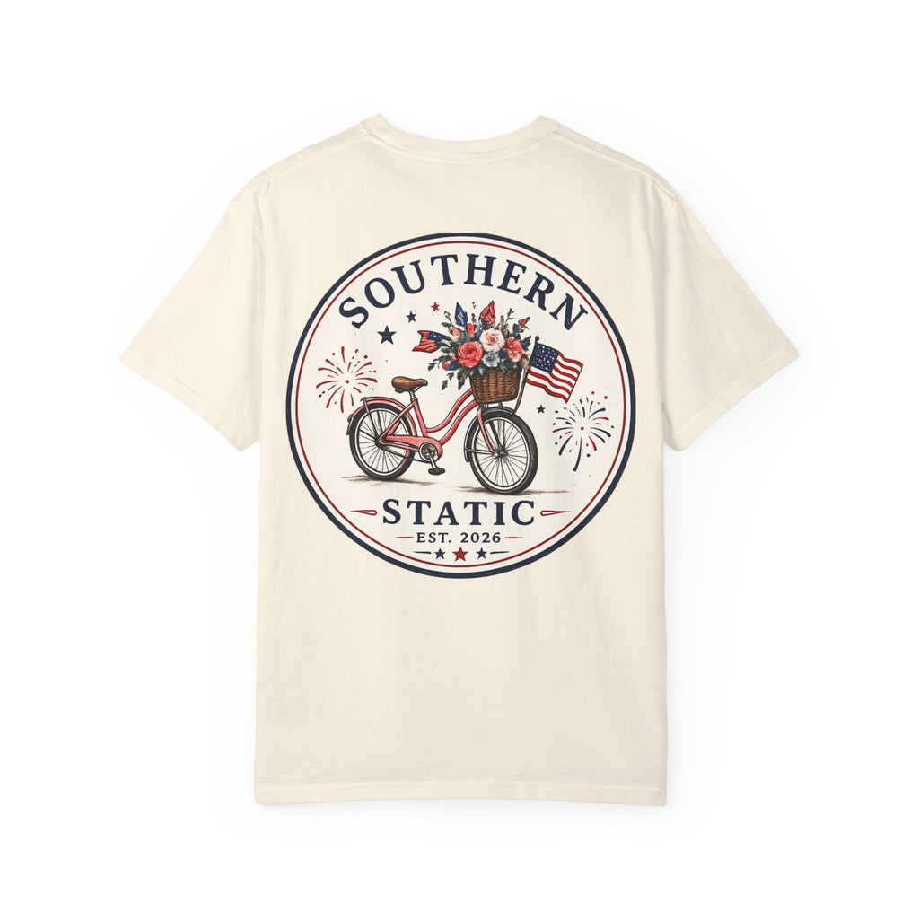 Women’s Southern Static Bicycle T-Shirt — Americana Floral Bike Tee (Est. 2026)