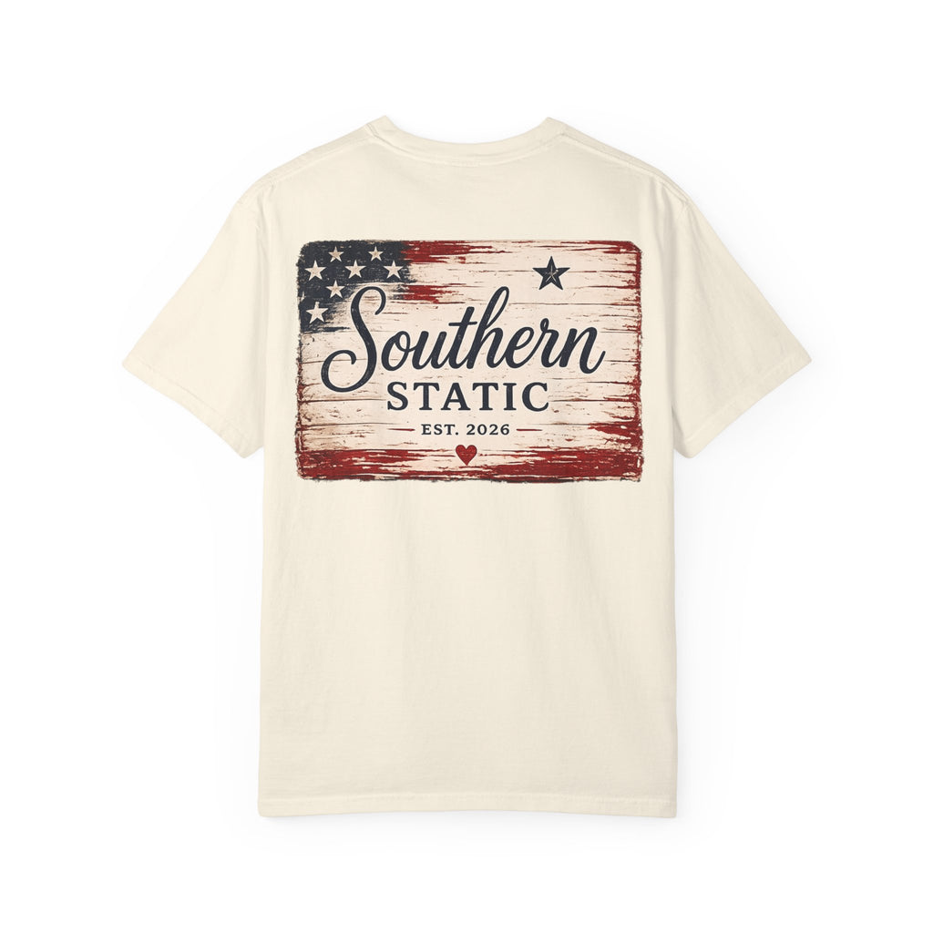 Women’s Southern Static Patriotic T-Shirt — Rustic American Flag Tee (Est. 2026)