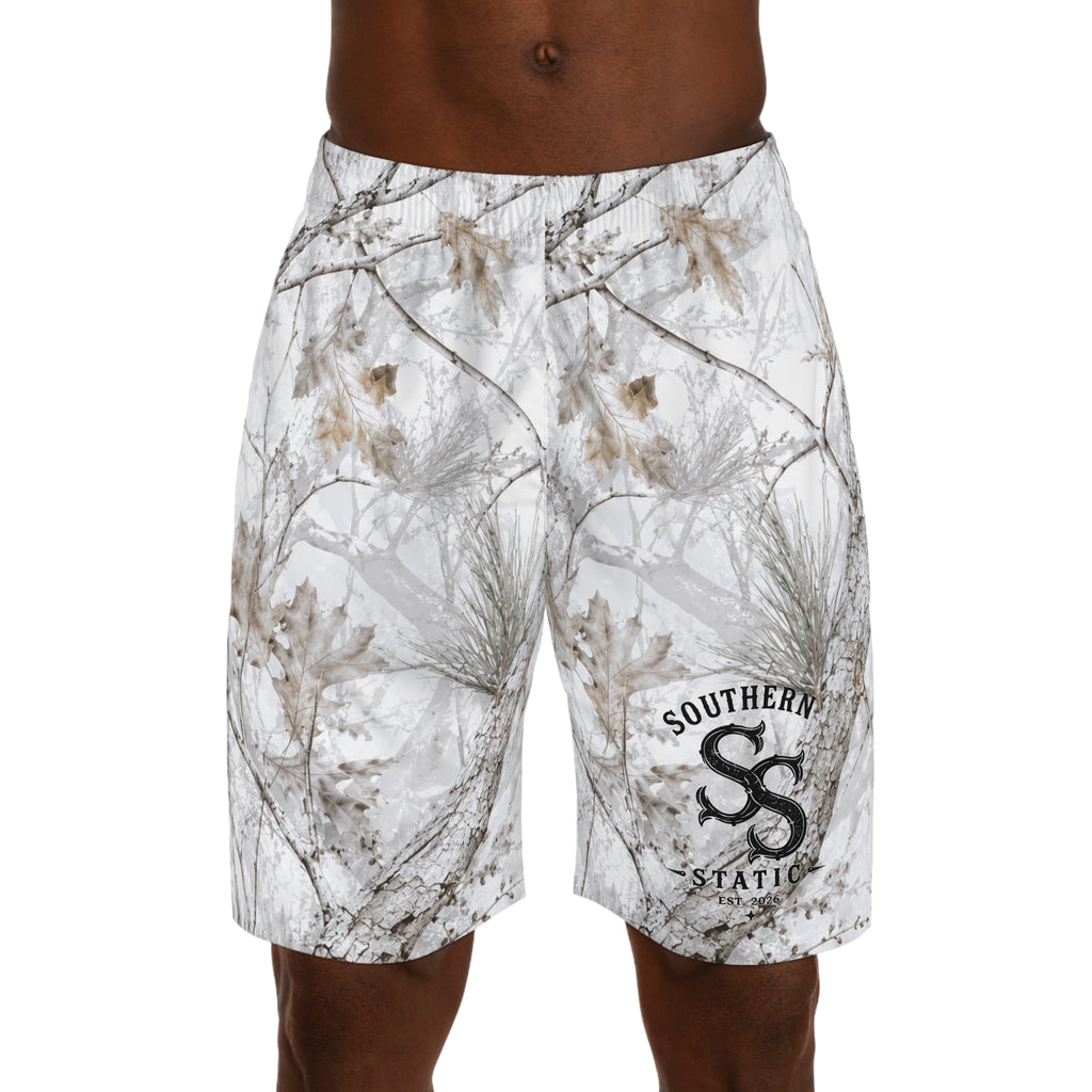 Winter Snow Camo Jogger Shorts — White Forest All-Over Print