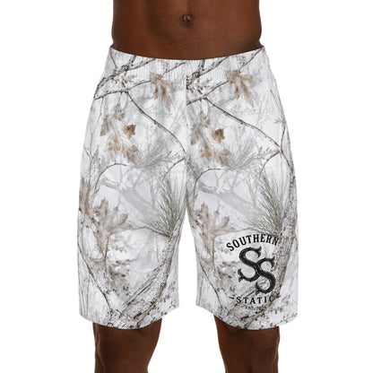 Winter Snow Camo Jogger Shorts — White Forest All-Over Print
