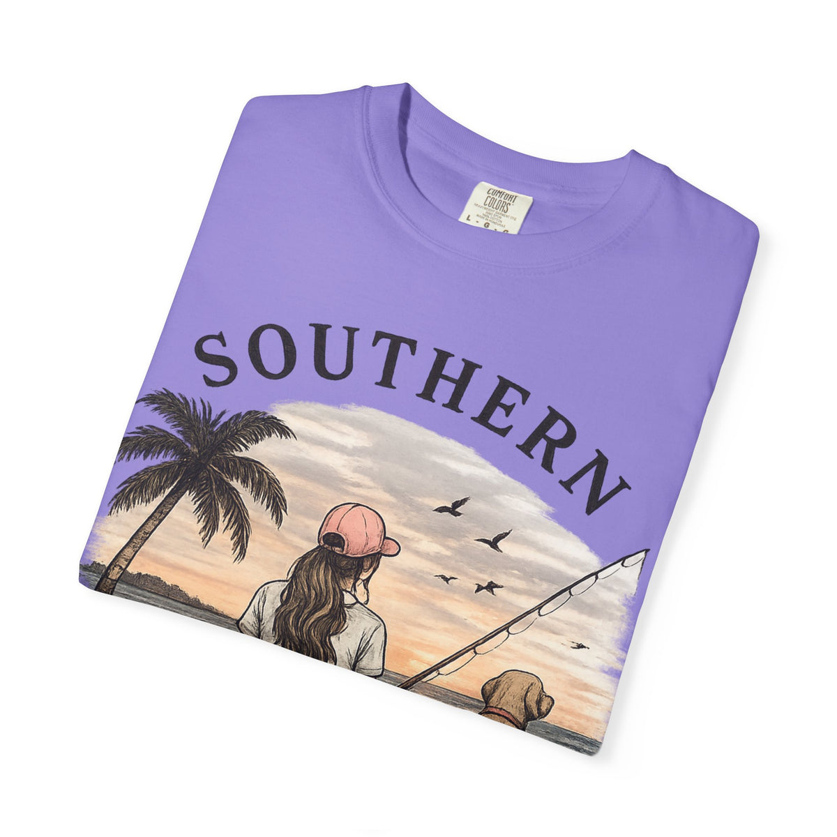 Southern Static Fishing T-Shirt — Woman & Dog Beach Sunset Tee