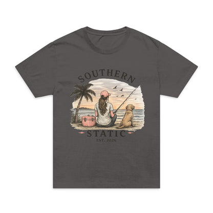 Girl’s Southern Static Fishing T-Shirt — Vintage Beach Sunset Tee (Est. 2013)