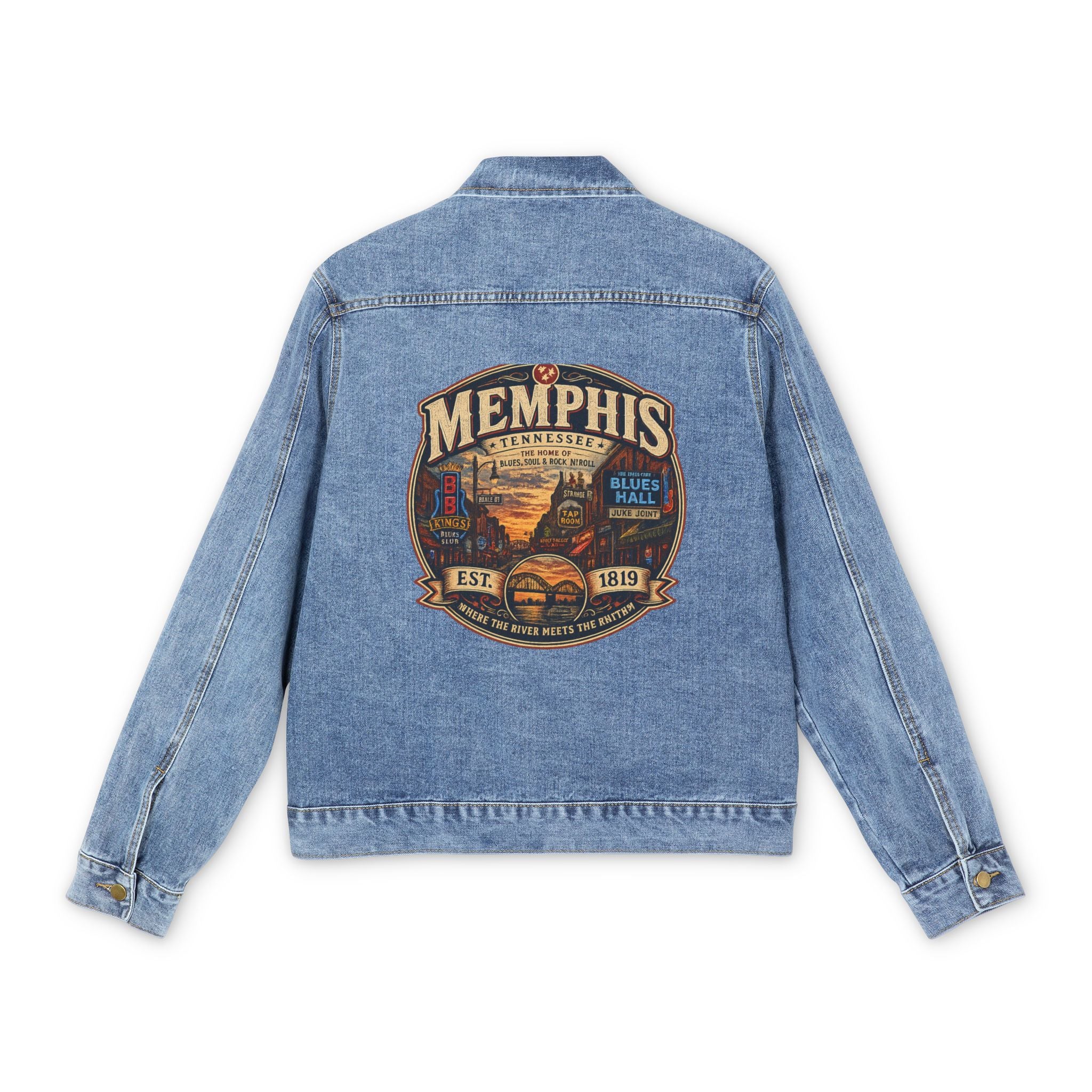 Memphis Vintage Badge denim jacket | Blues City skyline graphic