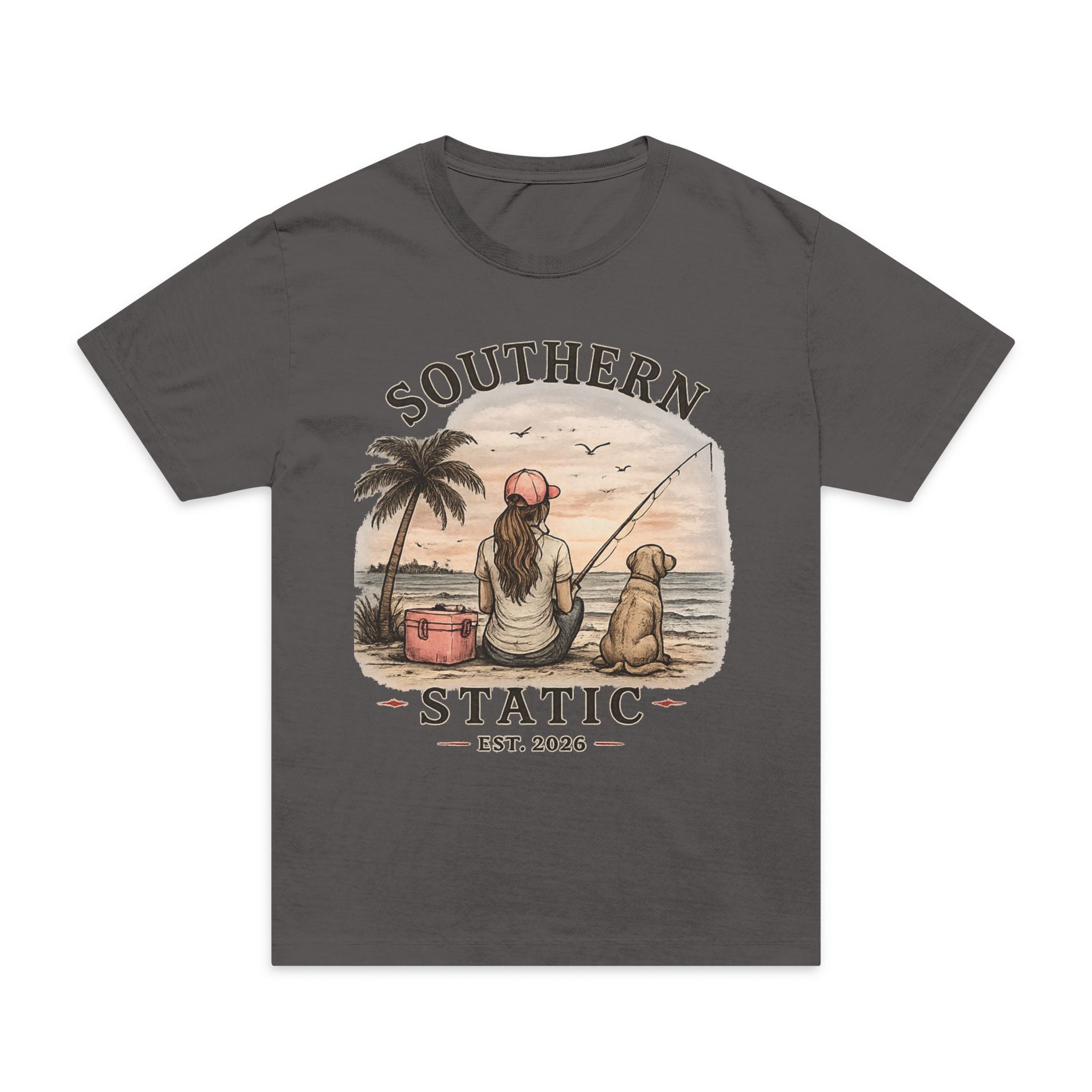 Girl’s Southern Static Fishing T-Shirt — Vintage Beach Sunset Tee (Est. 2013)