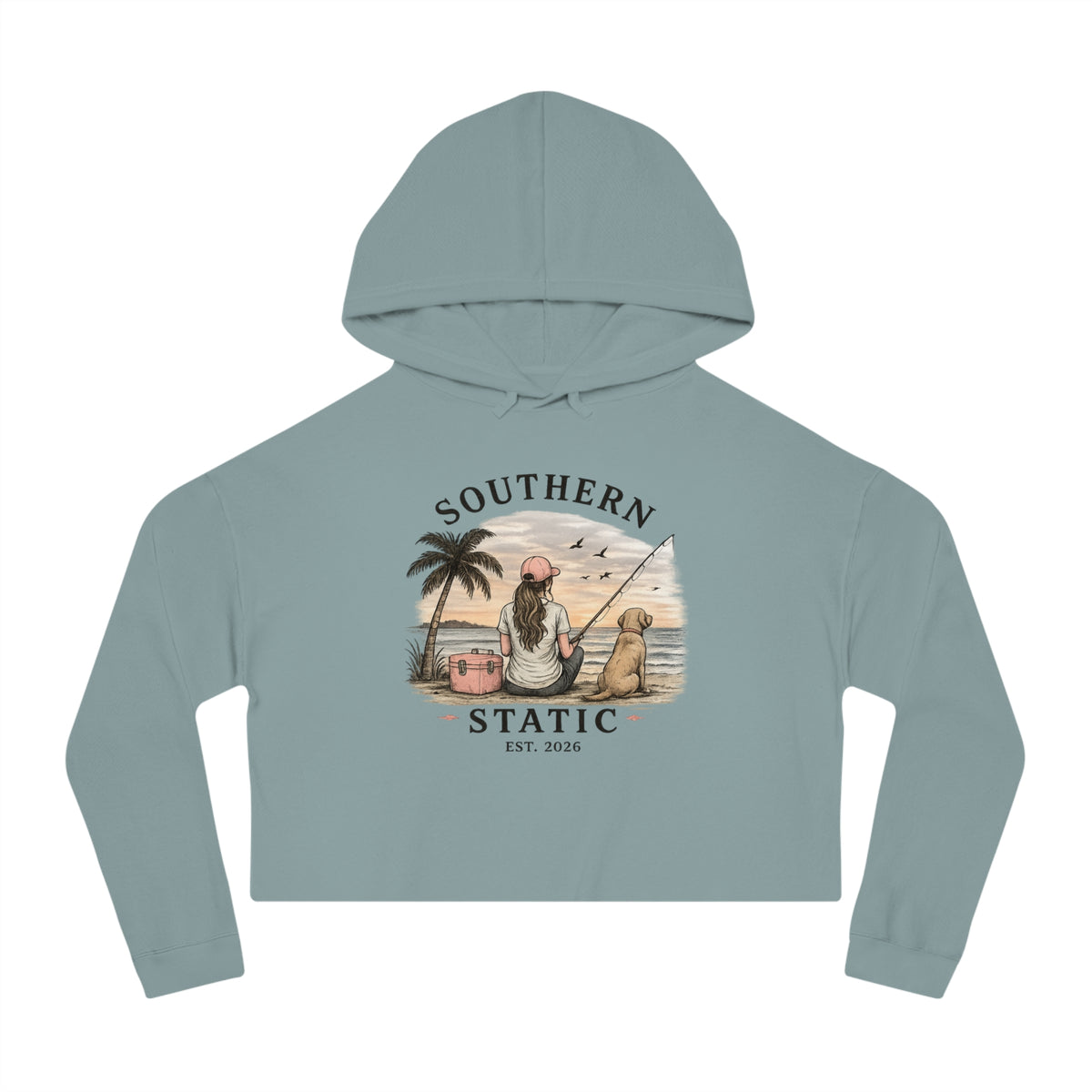 Southern Static Cropped Hoodie – Coastal Sunset Graphic