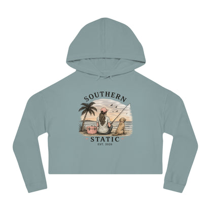 Southern Static Cropped Hoodie – Coastal Sunset Graphic