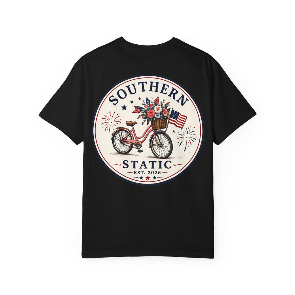 Women’s Southern Static Bicycle T-Shirt — Americana Floral Bike Tee (Est. 2026)