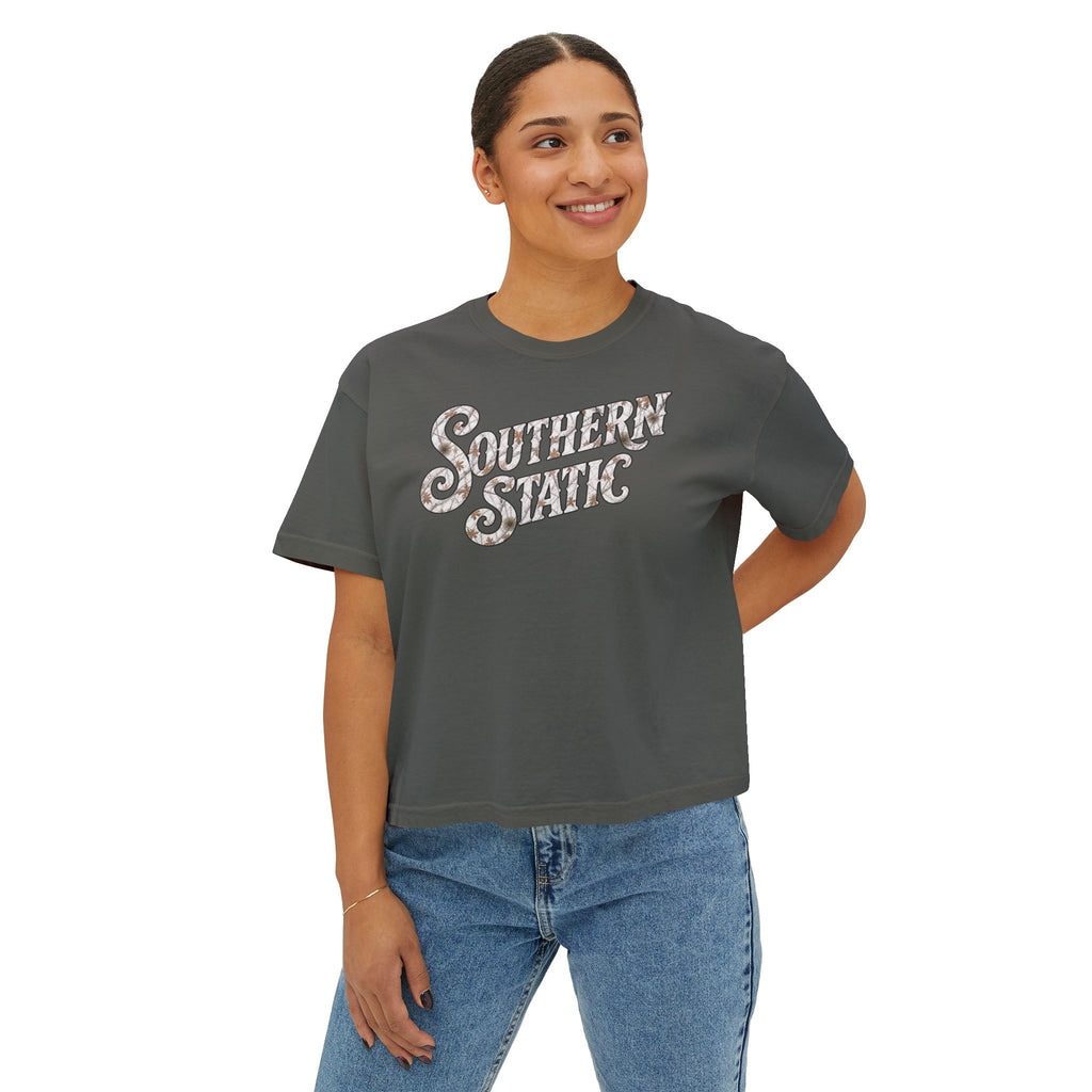 Southern Static Women's Boxy Tee — Retro Script Graphic Crop T-Shirt