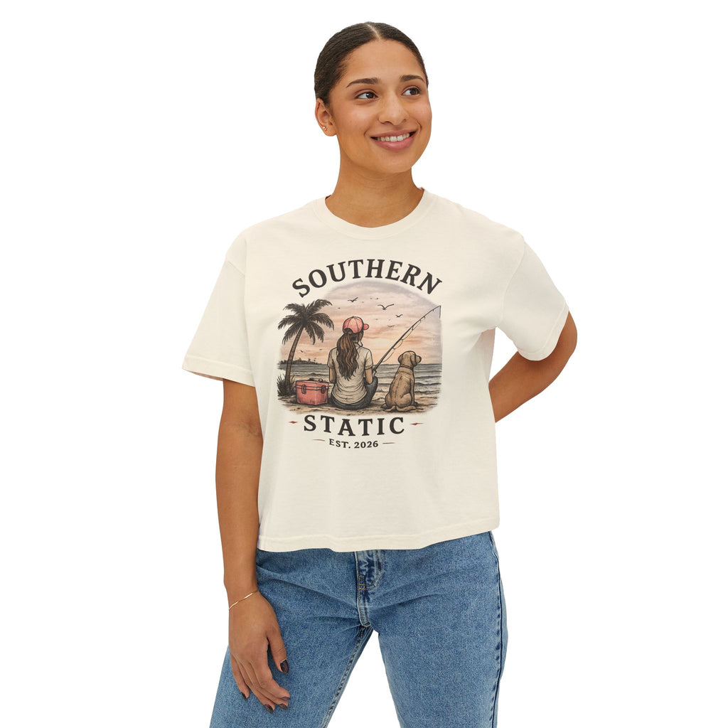 Southern Static Fishing Boxy Tee — Women's Beach Sunset Graphic T-Shirt