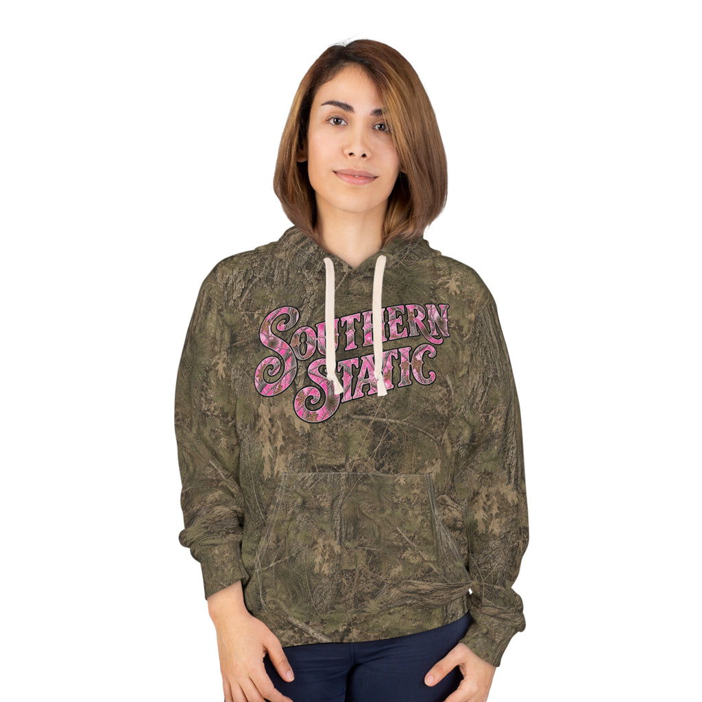 Camo "Southern Static" Hoodie — Vintage Pink Script Pullover