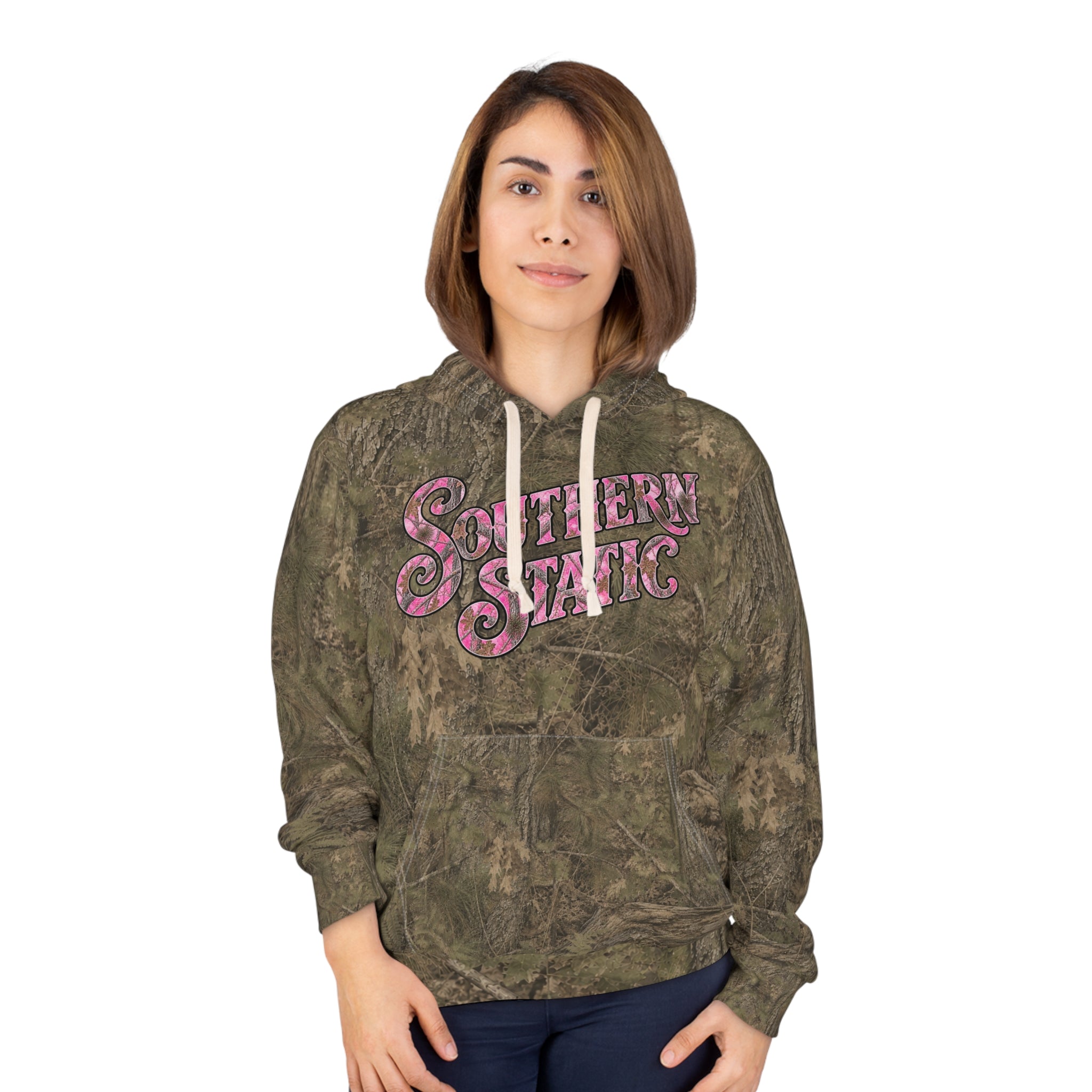 Camo "Southern Static" Hoodie — Vintage Pink Script Pullover
