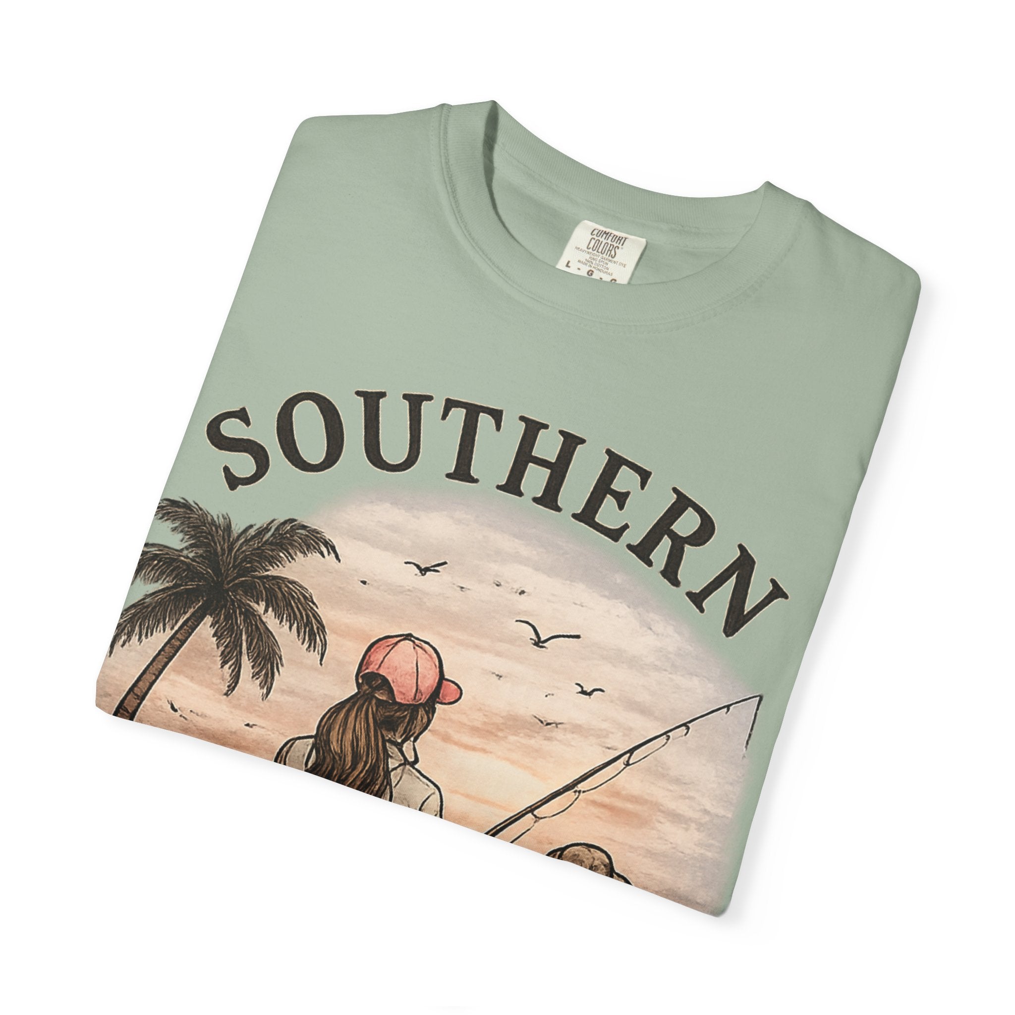 Southern Static Fishing T-Shirt — Woman & Dog Beach Sunset Tee