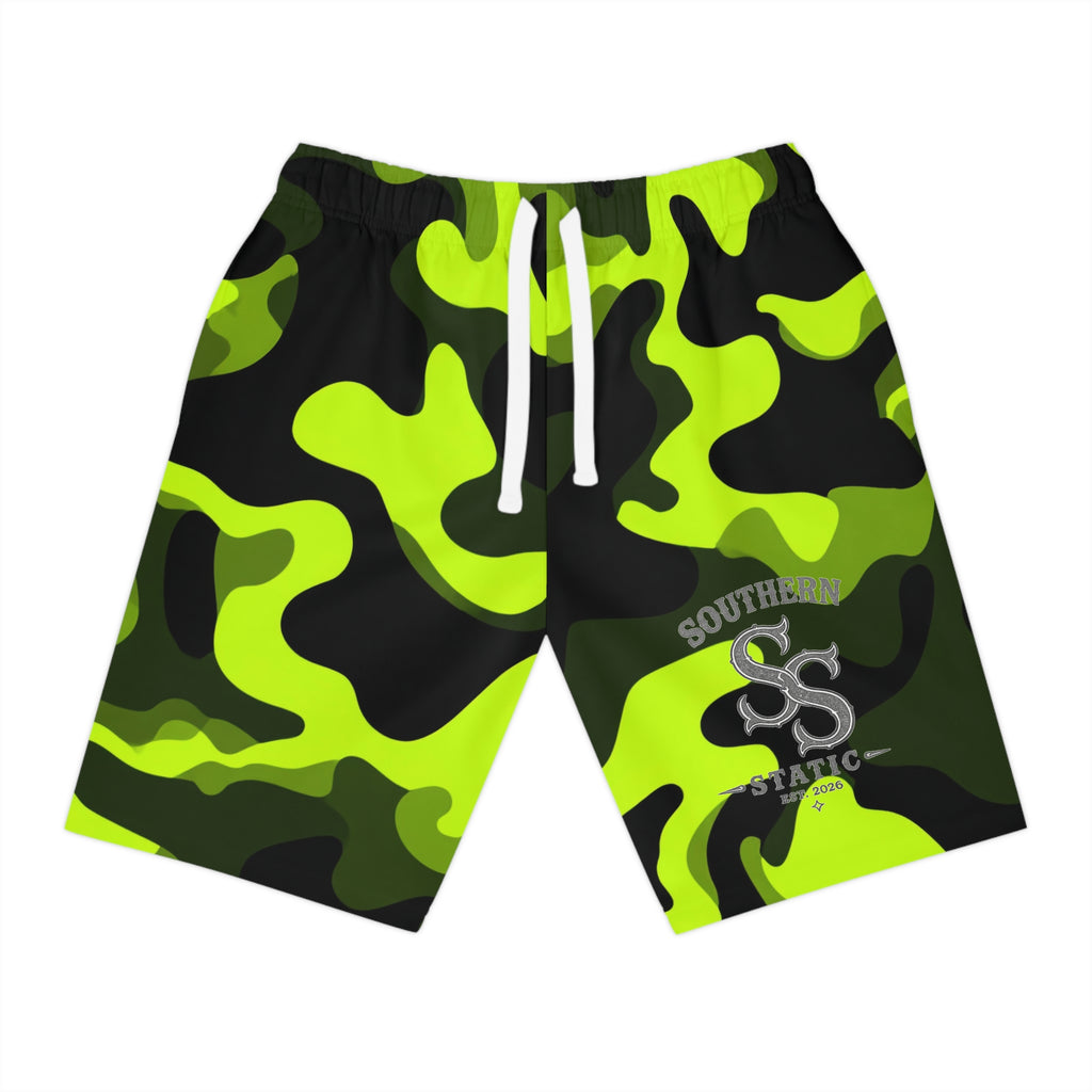 Neon Camo Athletic Shorts — High-Visibility Green Performance Trunks