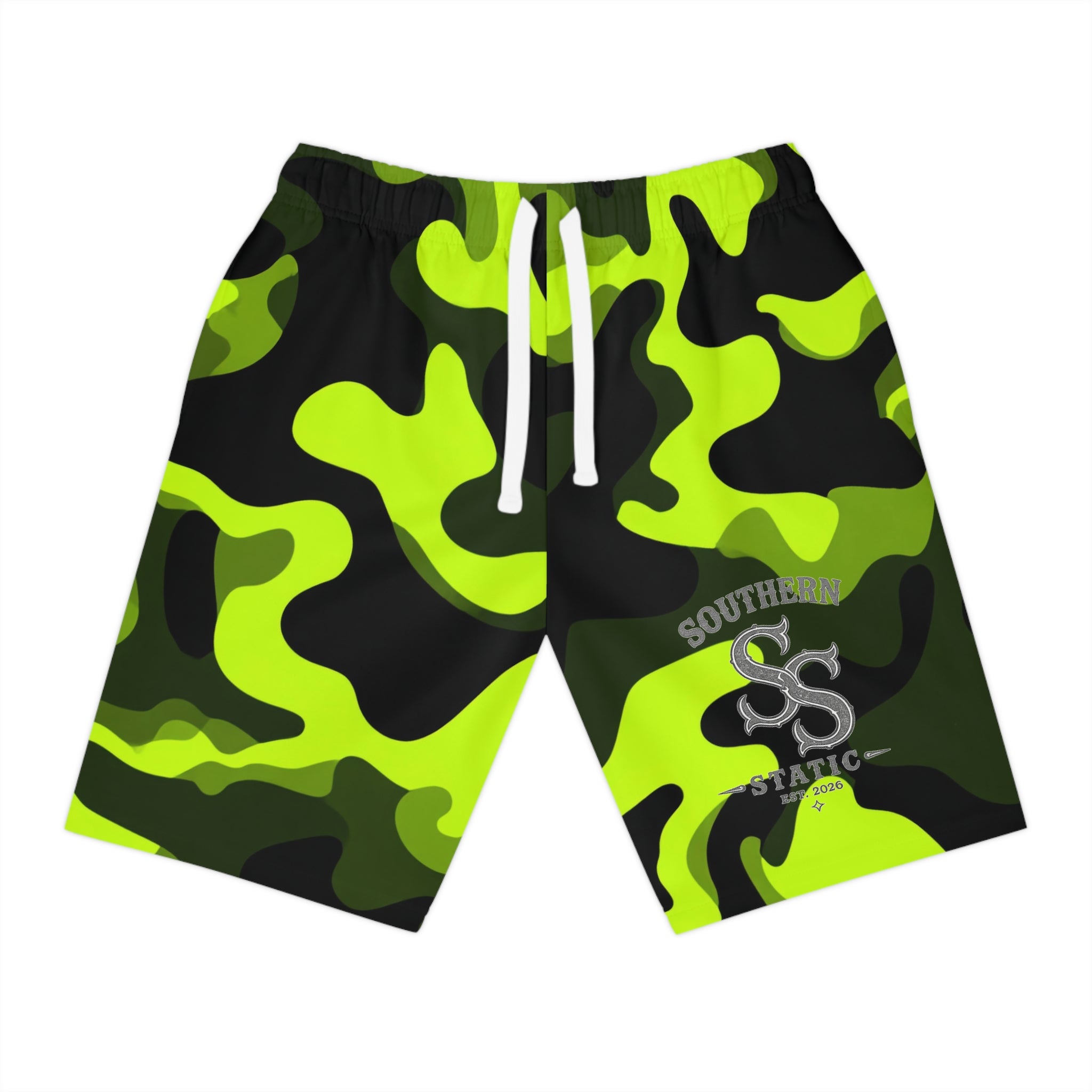 Neon Camo Athletic Shorts — High-Visibility Green Performance Trunks