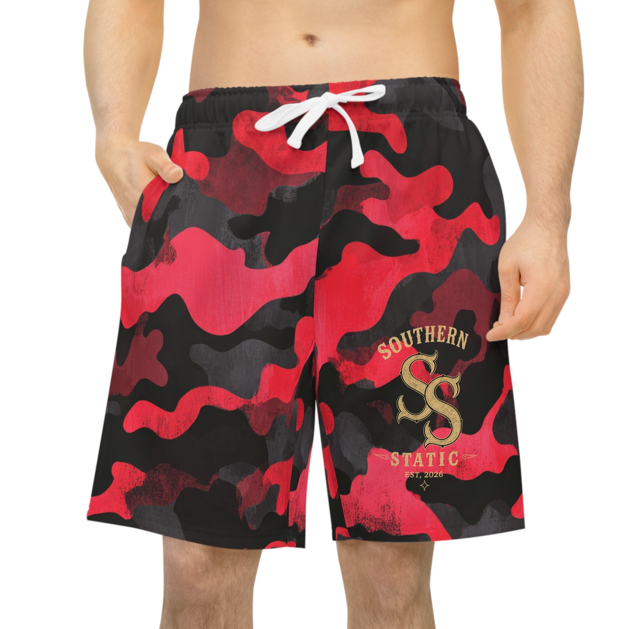 Red Camo Athletic Long Shorts — Southern Static Logo