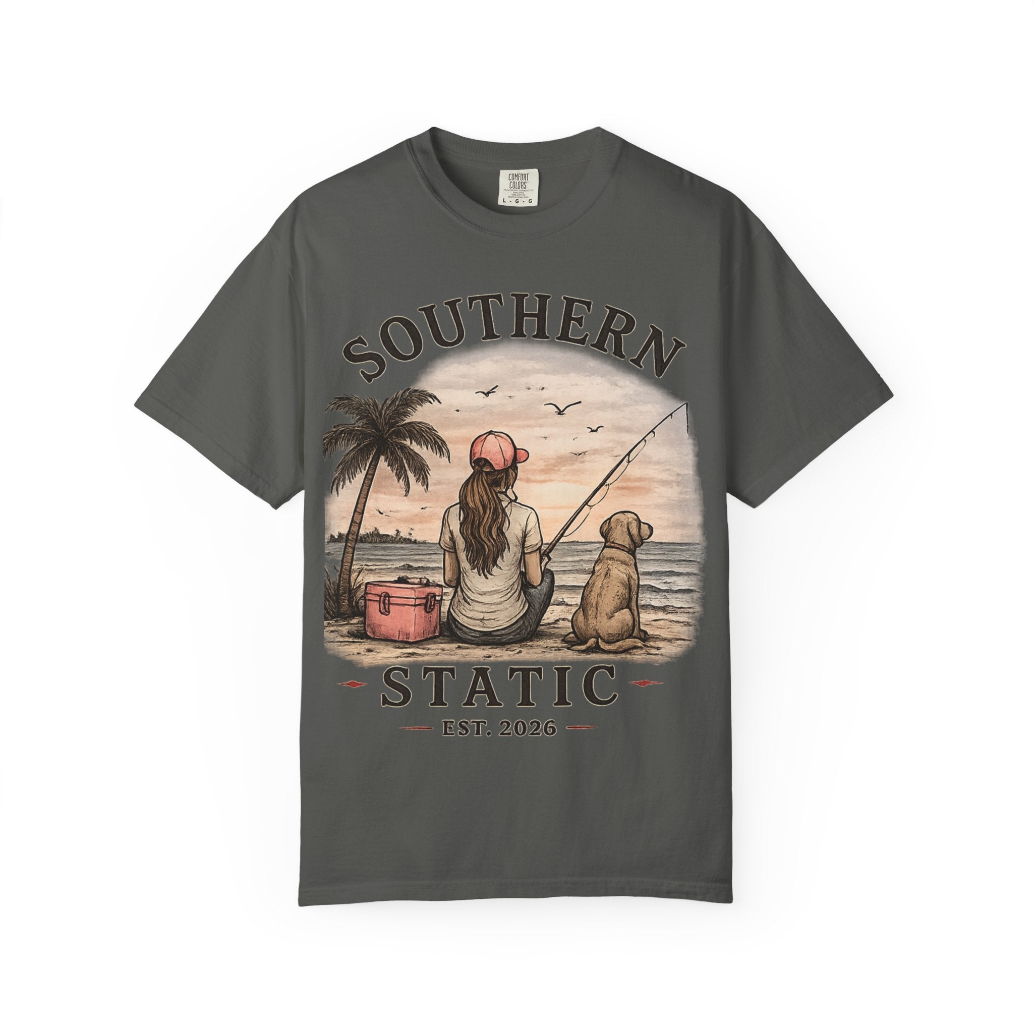 Southern Static Fishing T-Shirt — Woman & Dog Beach Sunset Tee
