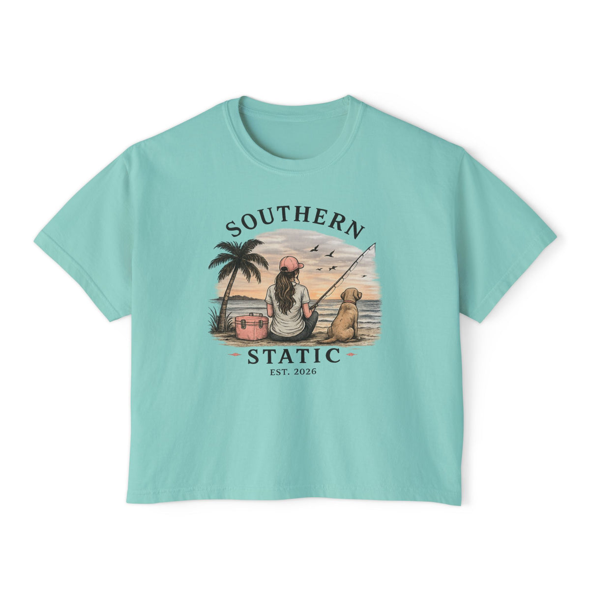 Southern Static Fishing Boxy Tee — Women's Beach Sunset Graphic T-Shirt