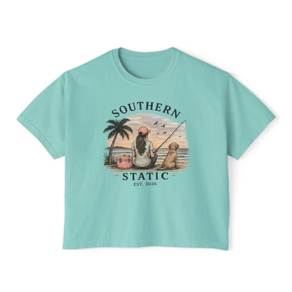 Southern Static Fishing Boxy Tee — Women's Beach Sunset Graphic T-Shirt
