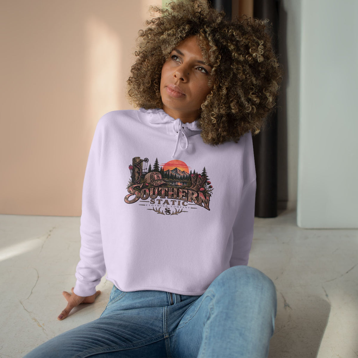 Southern Static Sunset Crop Hoodie — Scenic Mountain Forest Graphic Crop Hoodie