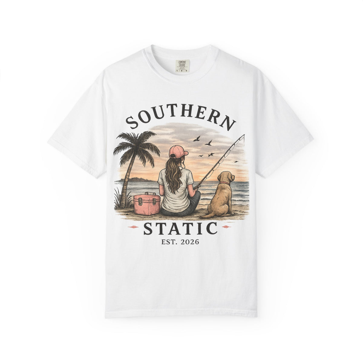 Southern Static Fishing T-Shirt — Woman & Dog Beach Sunset Tee