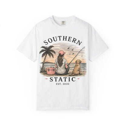 Southern Static Fishing T-Shirt — Woman & Dog Beach Sunset Tee