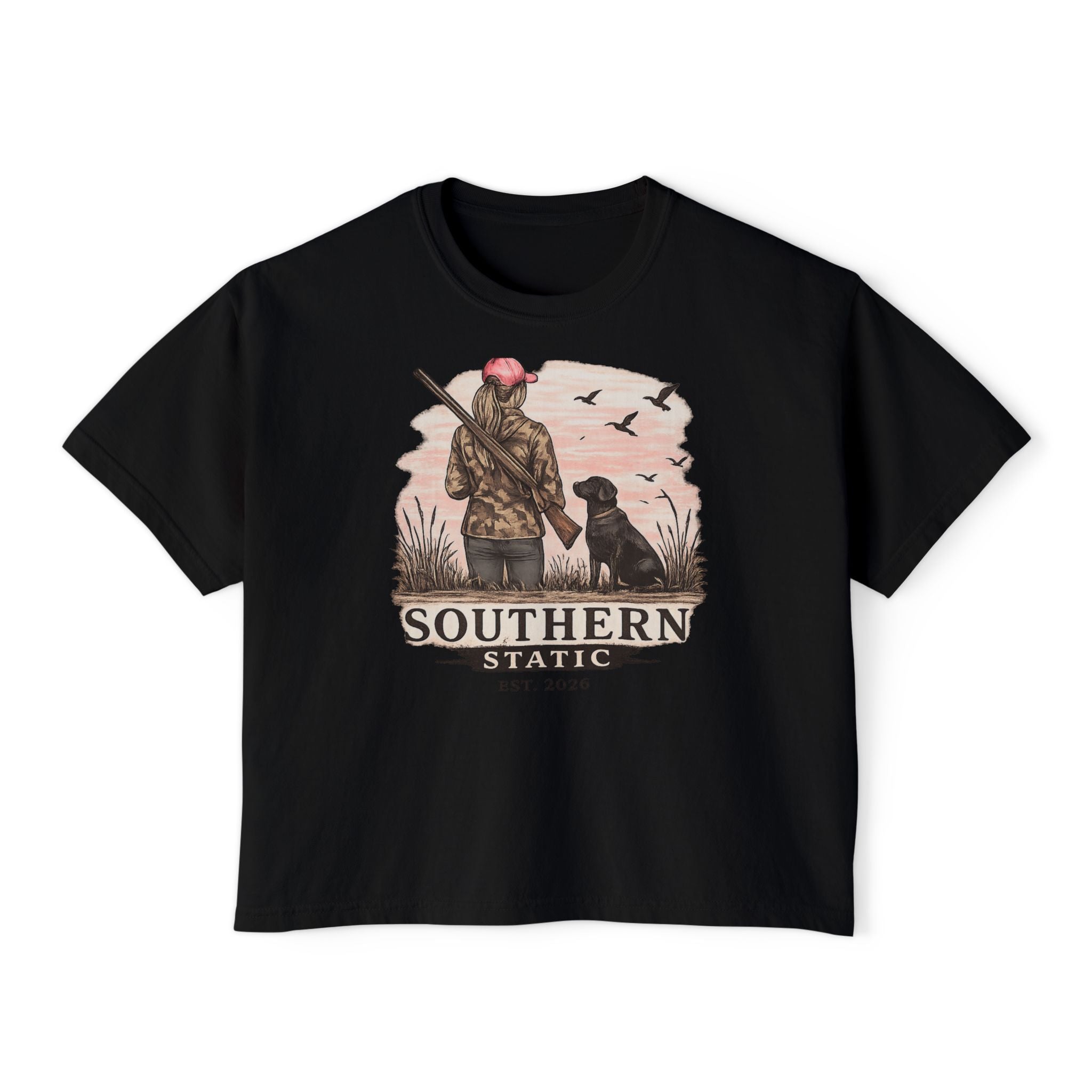 Southern Station Women's Boxy Tee — Duck Hunting Girl & Dog Graphic