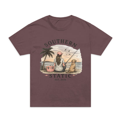 Girl’s Southern Static Fishing T-Shirt — Vintage Beach Sunset Tee (Est. 2013)