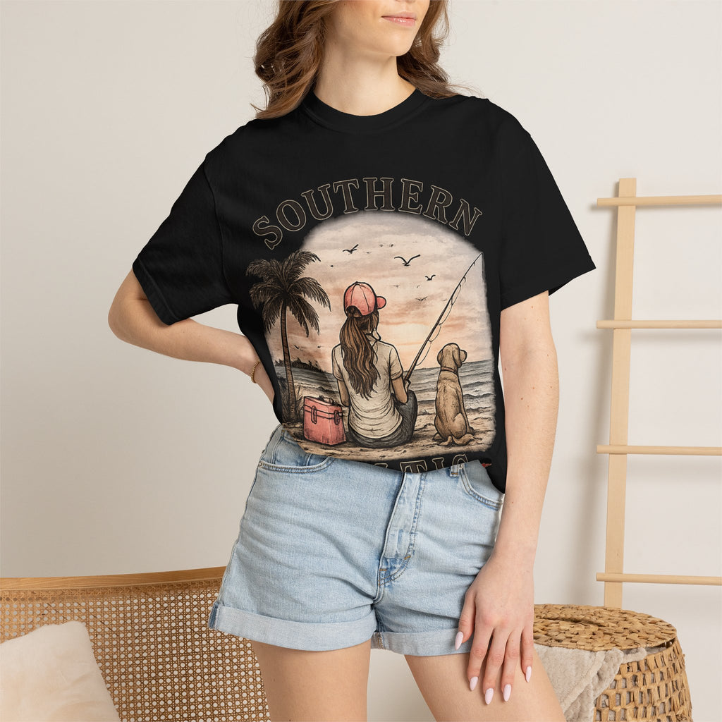 Southern Static Fishing T-Shirt — Woman & Dog Beach Sunset Tee