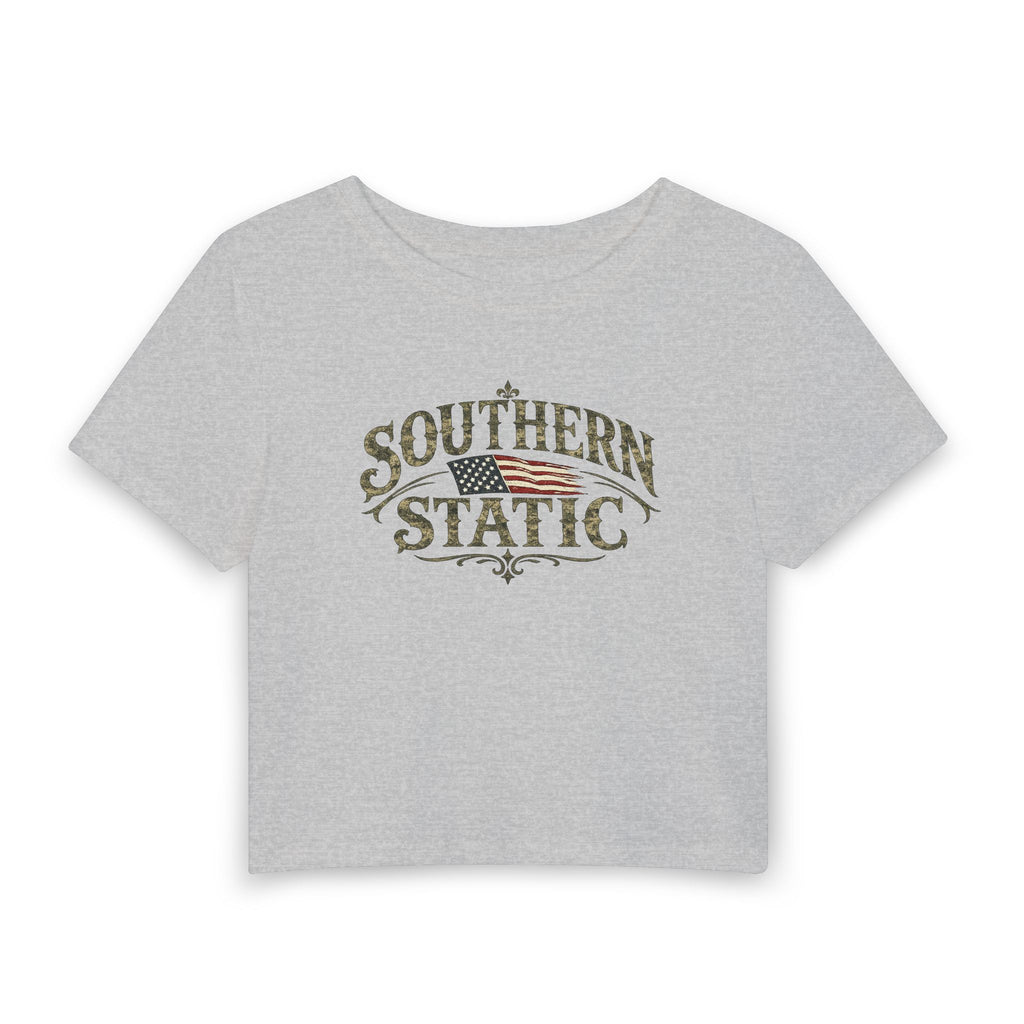 Southern Static Women's Baby Tee — Vintage American Flag Graphic Crop Top