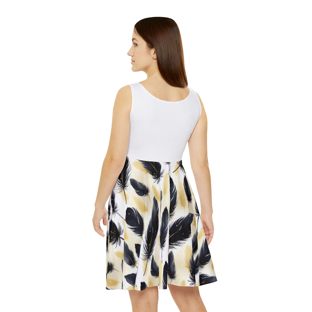 Black Feather Pattern Women's Skater Dress | Feather Print Skater Dress