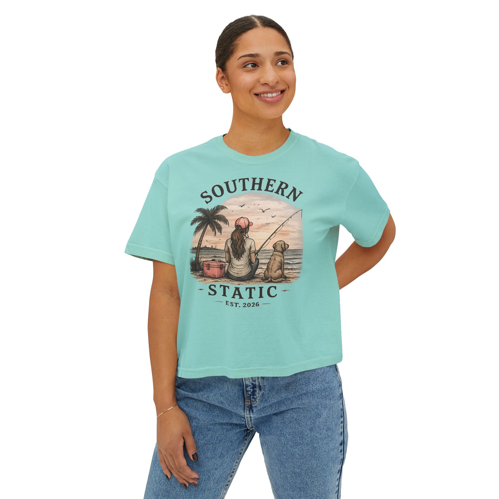 Southern Static Fishing Boxy Tee — Women's Beach Sunset Graphic T-Shirt