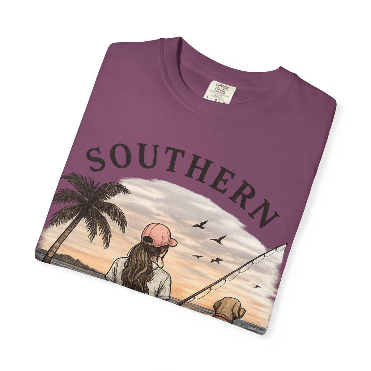 Southern Static Fishing T-Shirt — Woman & Dog Beach Sunset Tee