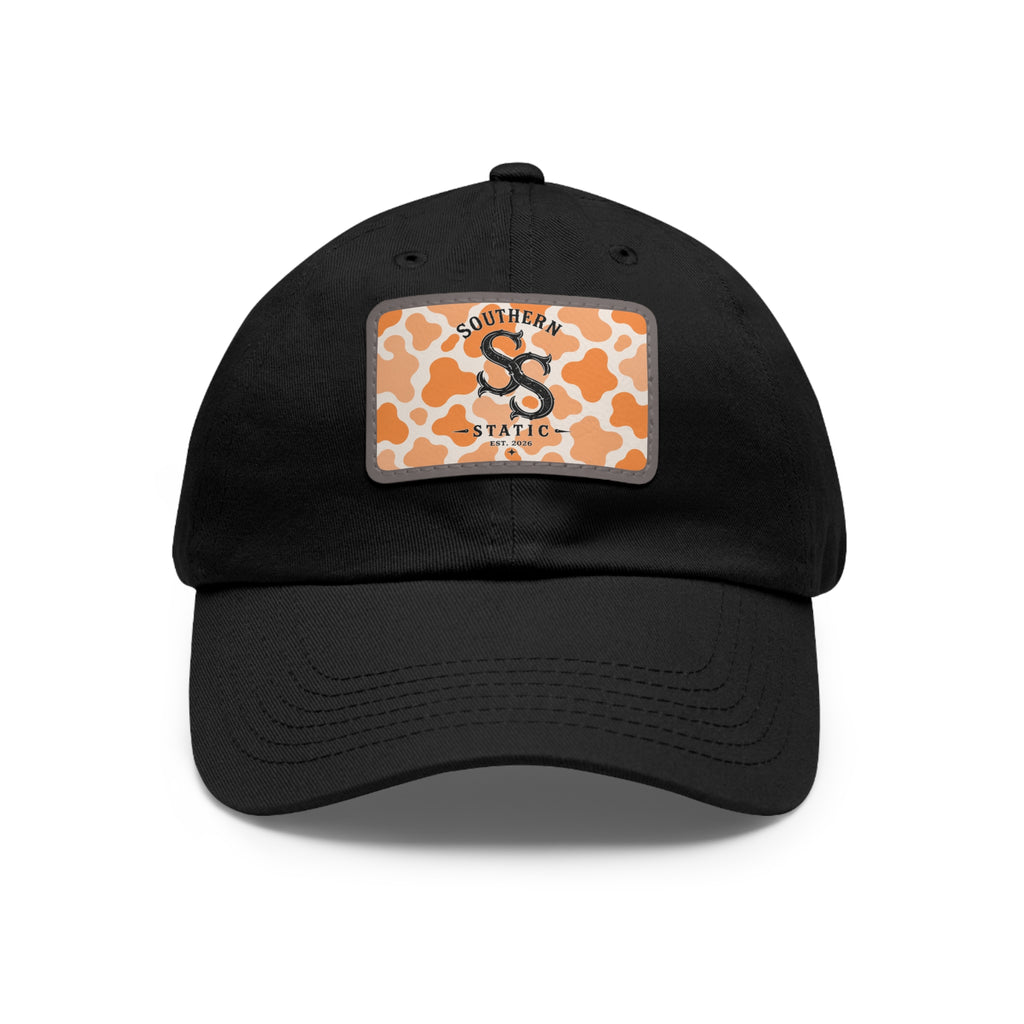 Leather Patch Dad Hat — Southern Static Monogram on Orange Camo