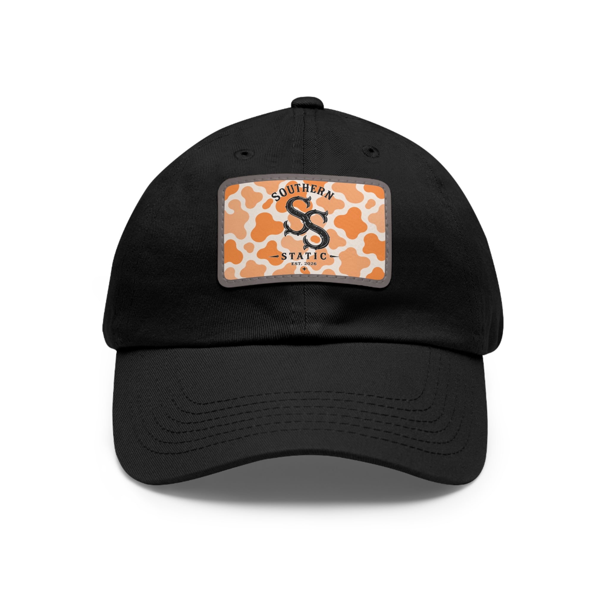 Leather Patch Dad Hat — Southern Static Monogram on Orange Camo