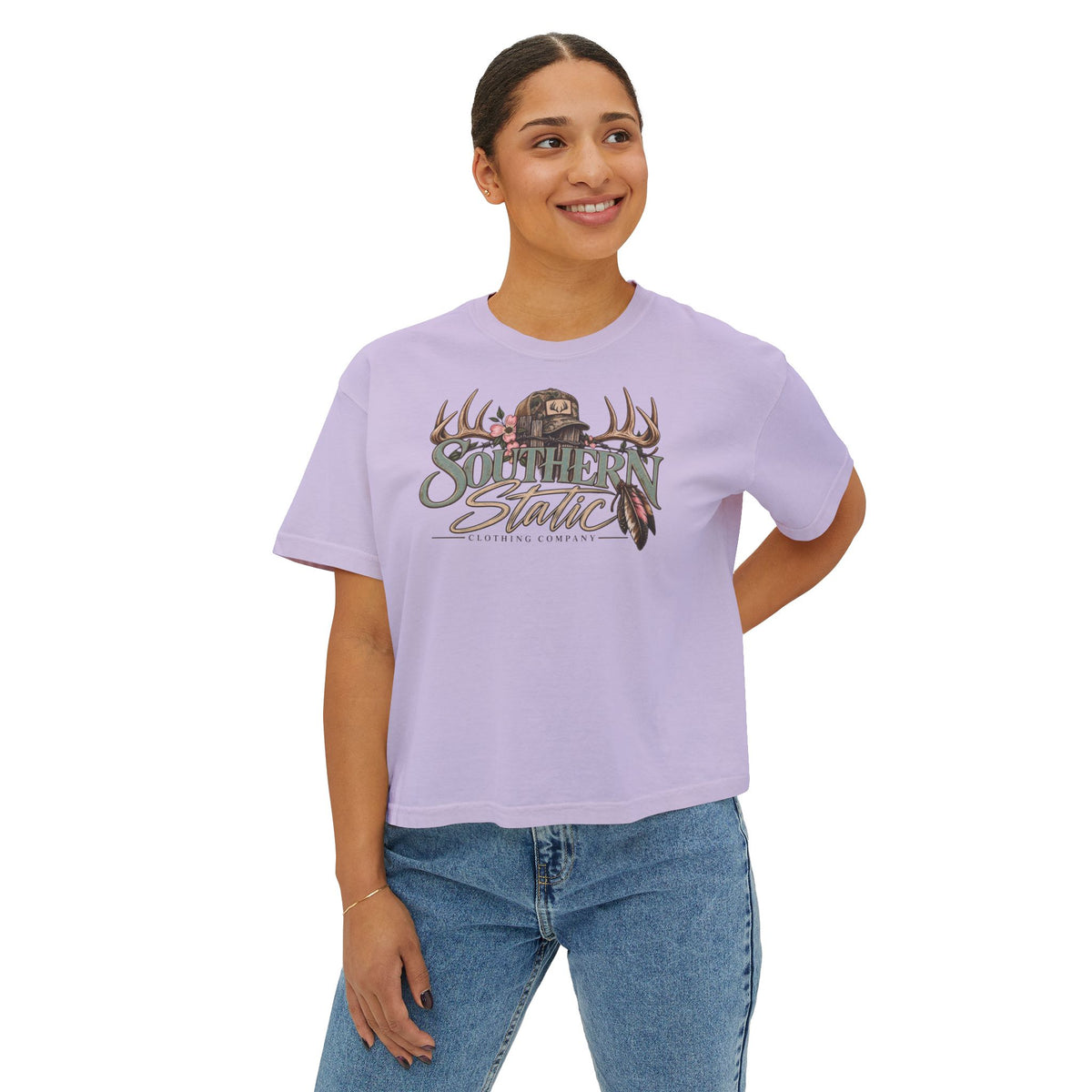 Southern Static Boxy Tee — Outdoorsy Women's Graphic T-Shirt (Antlers & Cap Design)