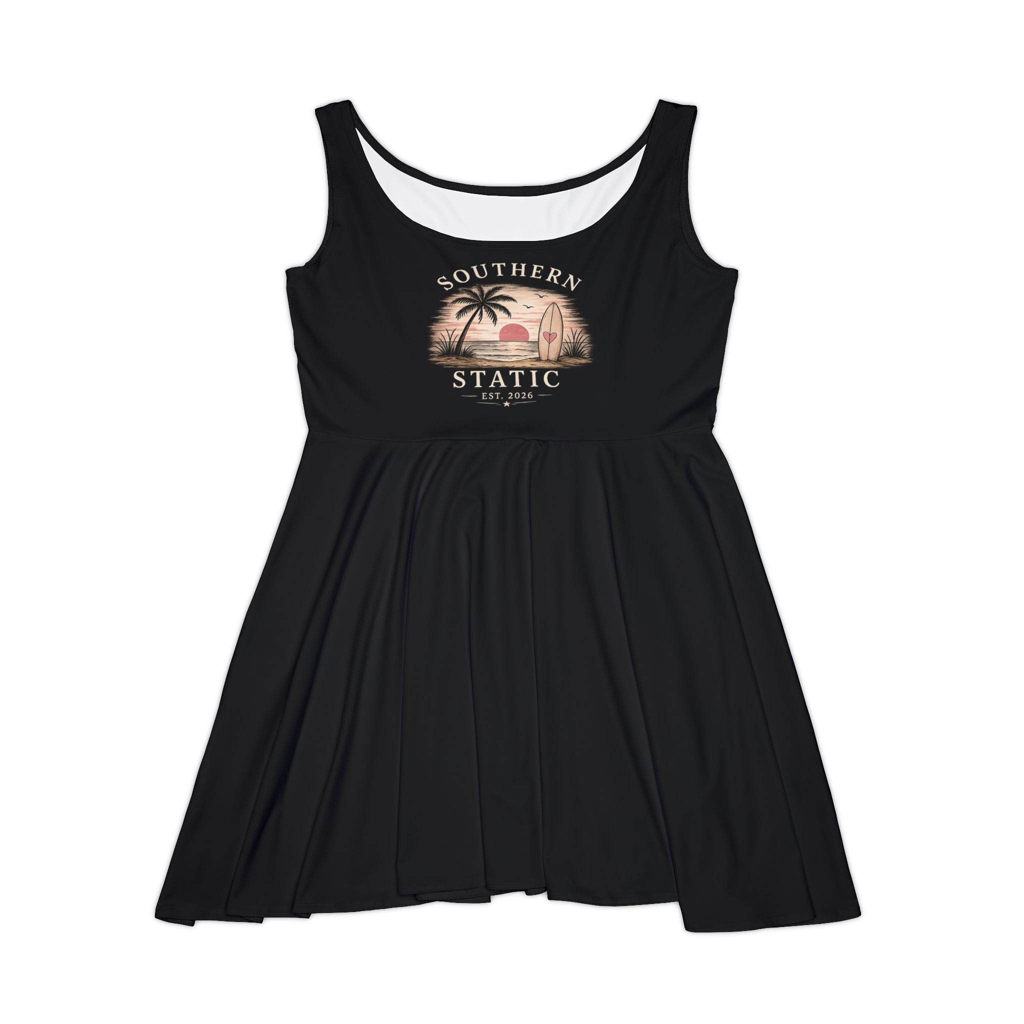Retro Palm Sunset Skater Dress — Women's Beach Graphic AOP