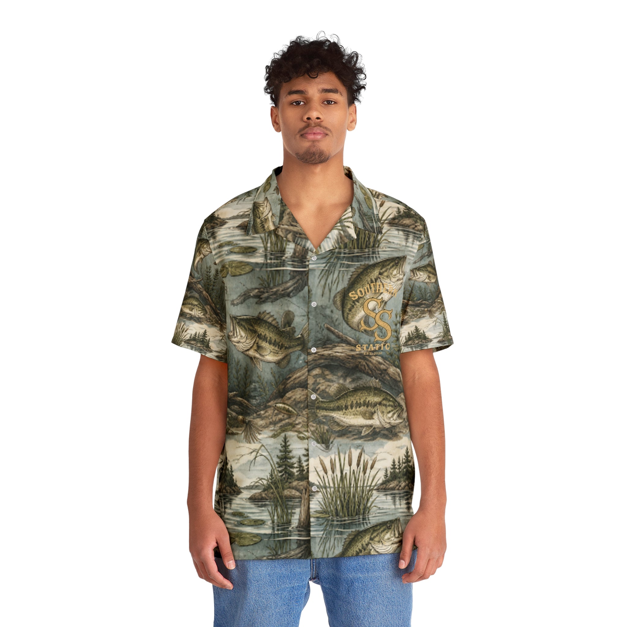 Fishing Lakeside Hawaiian Shirt - Men’s All-Over-Print Bass & Nature Shirt