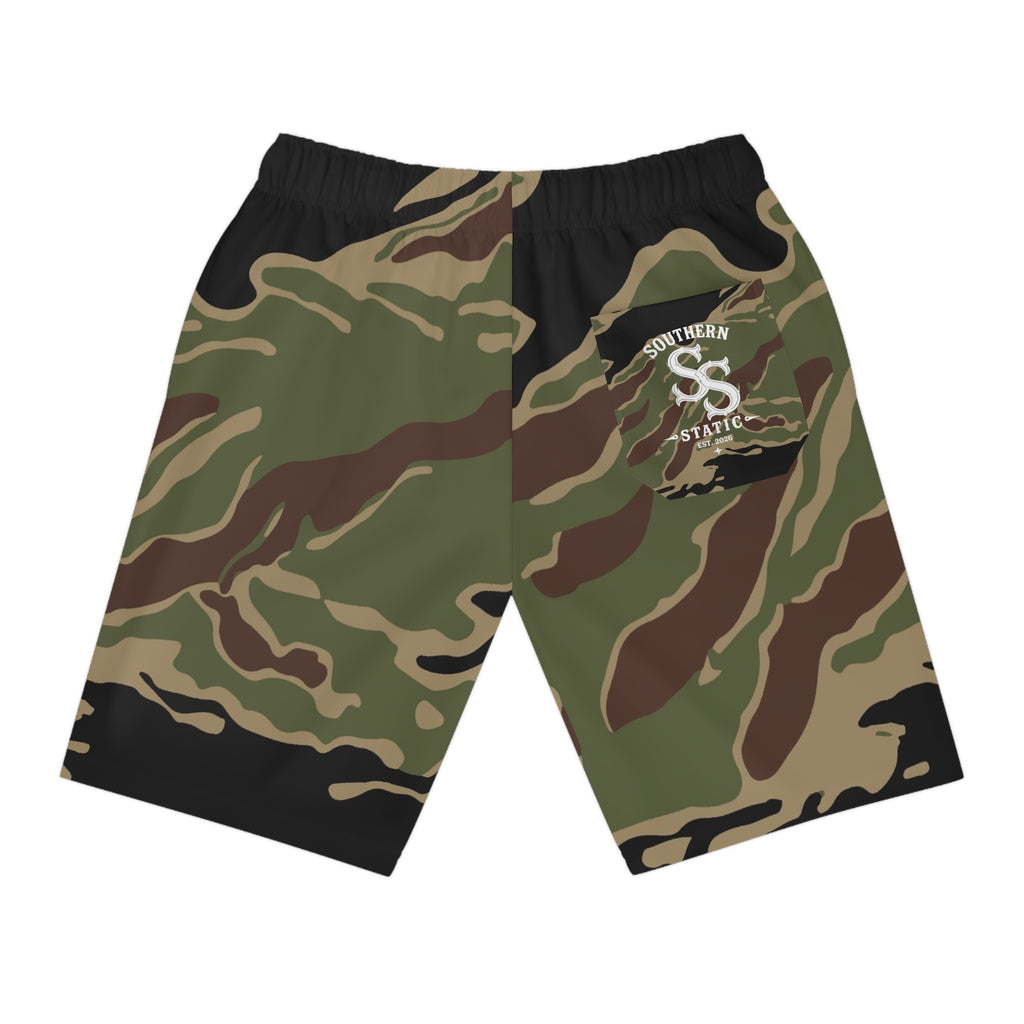 Camo Athletic Long Shorts — Tactical Tigerstripe Workout Shorts