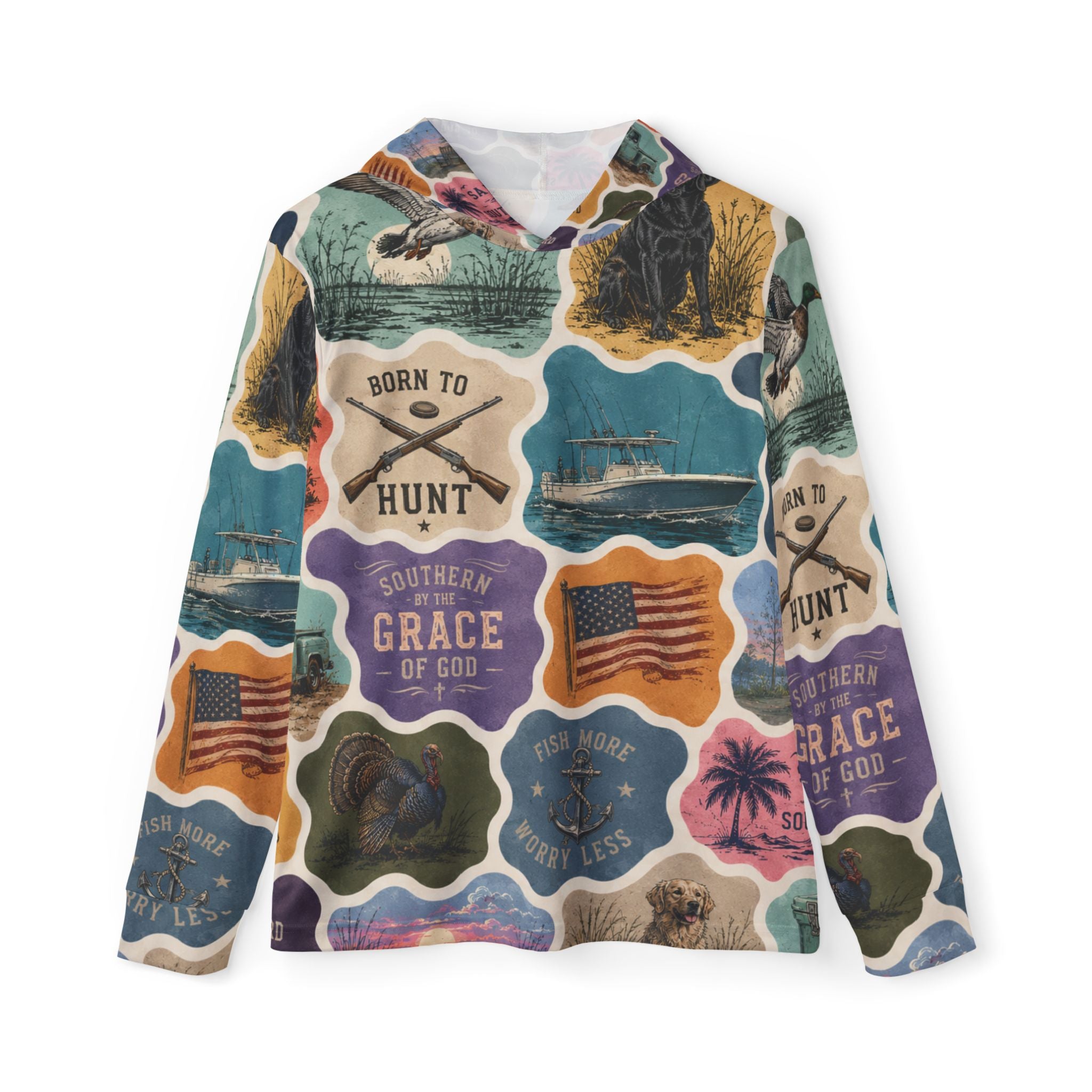 Hoodie - Vintage Outdoor Patchwork All-Over Print "Born to Hunt" Hoodie