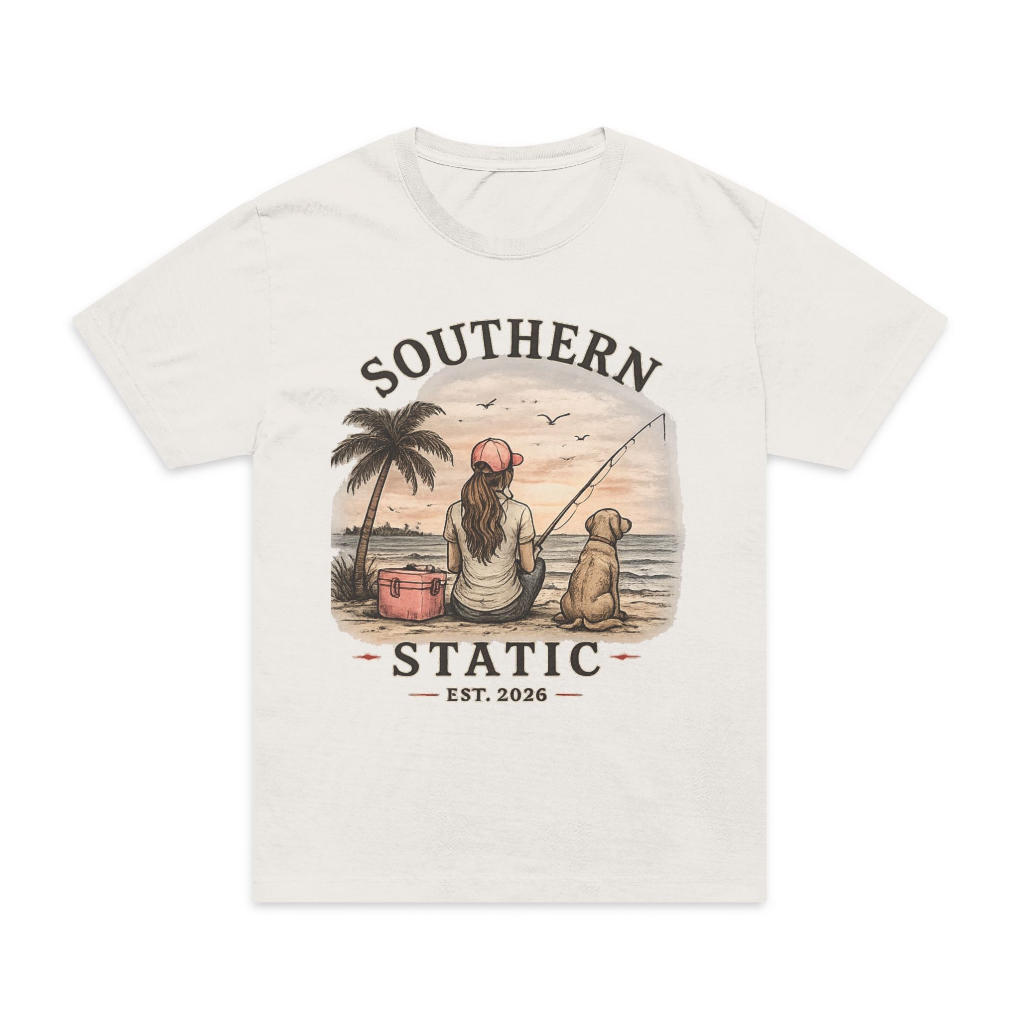 Girl’s Southern Static Fishing T-Shirt — Vintage Beach Sunset Tee (Est. 2013)