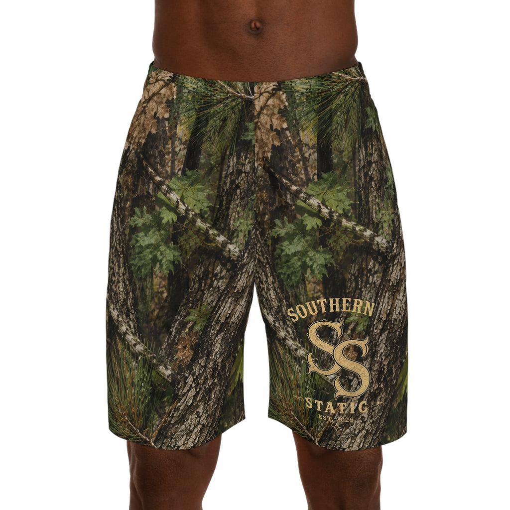 Camo Tree Bark Jogger Shorts — All-Over Forest Camouflage for Outdoorsmen