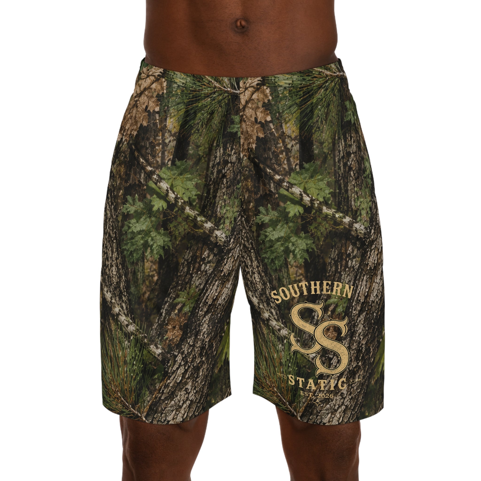 Camo Tree Bark Jogger Shorts — All-Over Forest Camouflage for Outdoorsmen