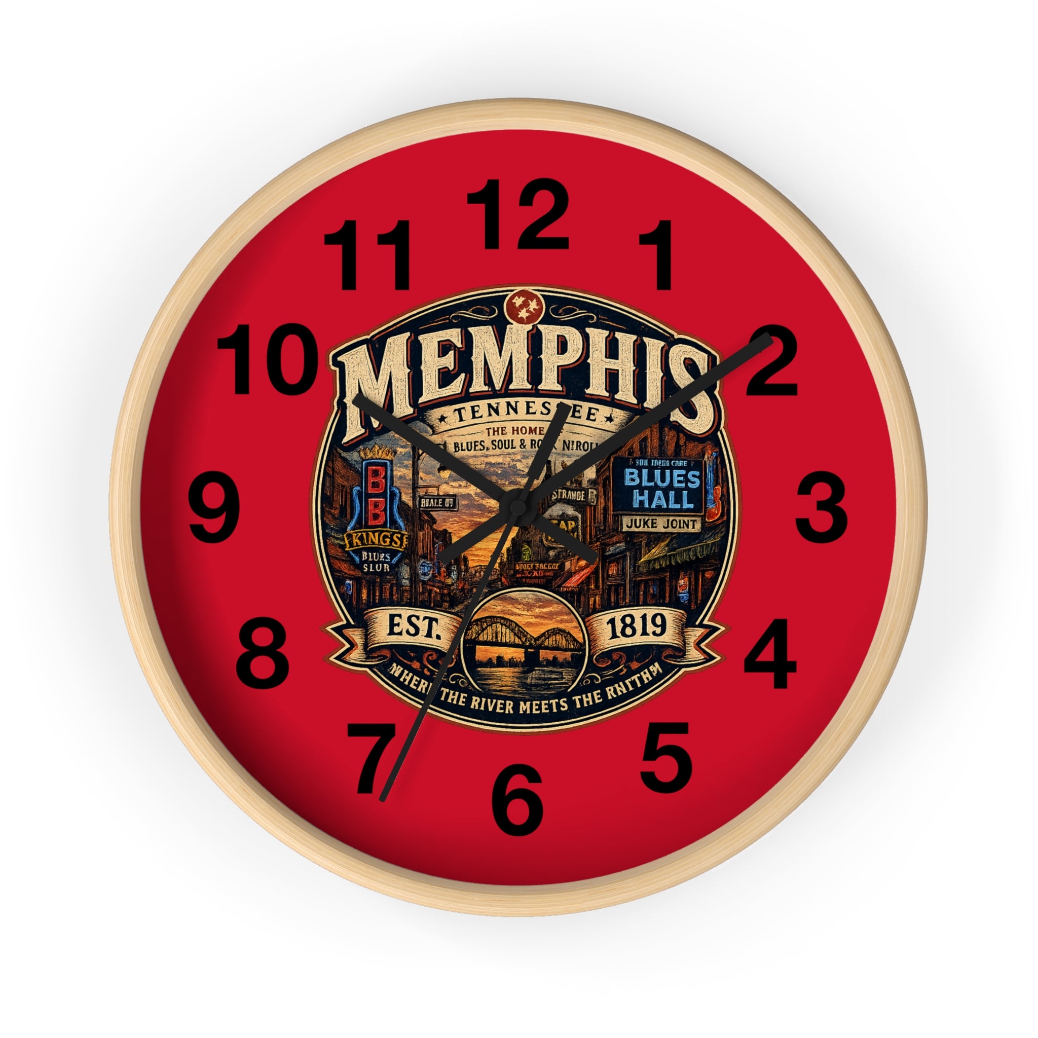 Memphis Tennessee Vintage Badge Wall Clock | Red Dial, Blues Hall Theme