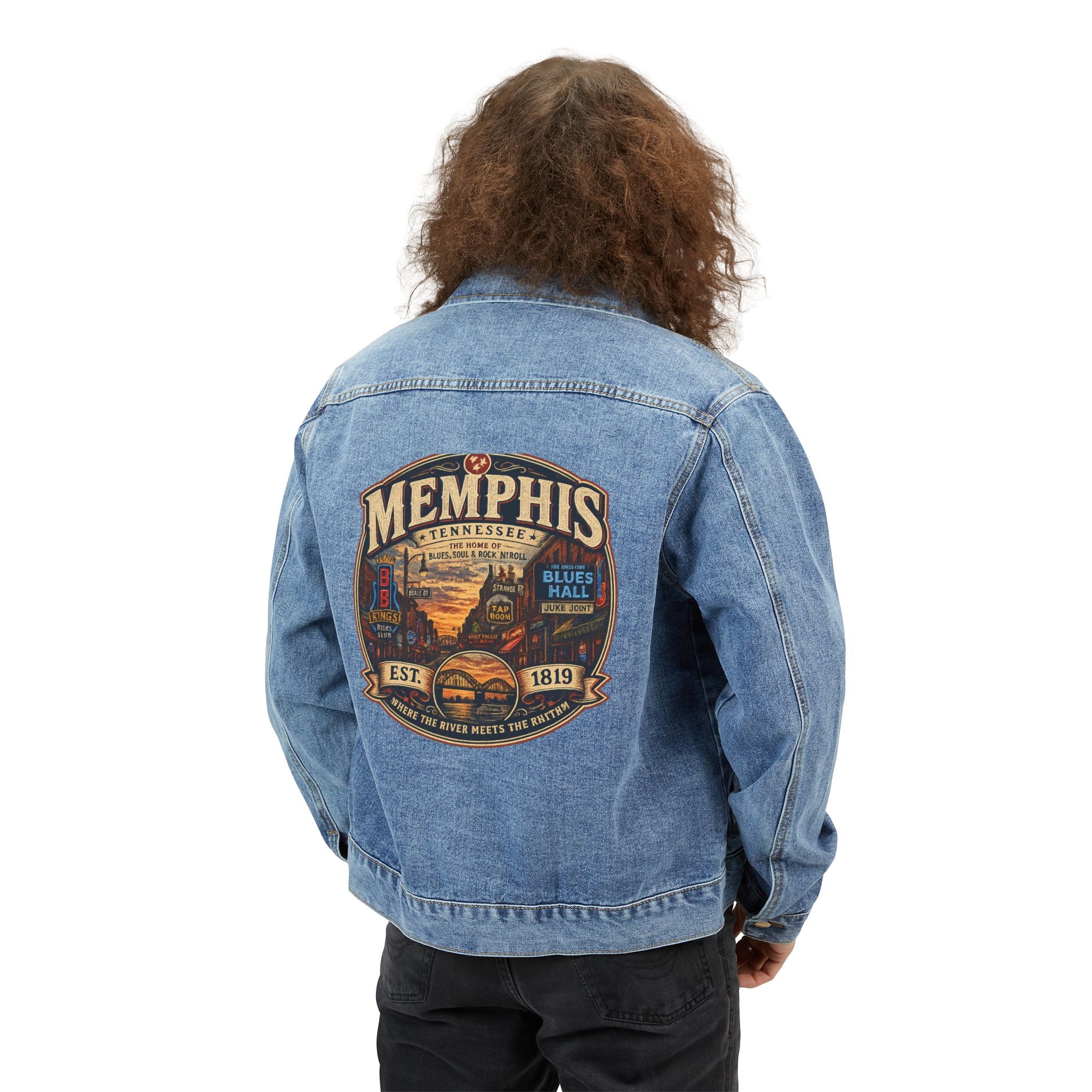 Memphis Vintage Badge denim jacket | Blues City skyline graphic