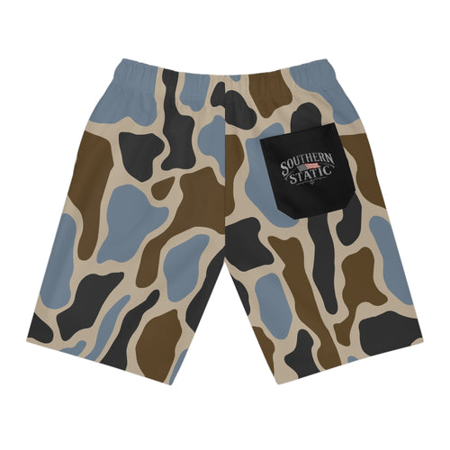 Camo Athletic Long Shorts — Blue Brown All-Over Print