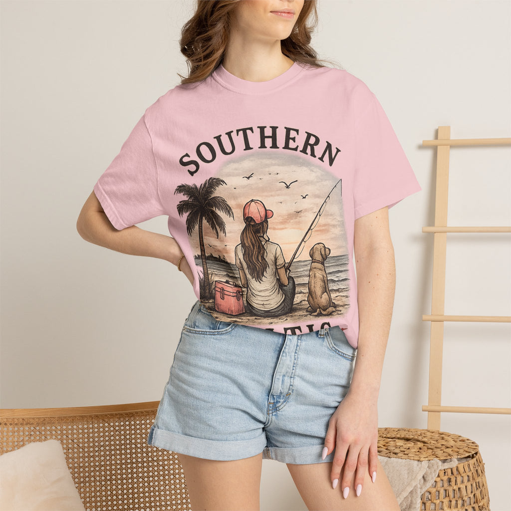 Southern Static Fishing T-Shirt — Woman & Dog Beach Sunset Tee