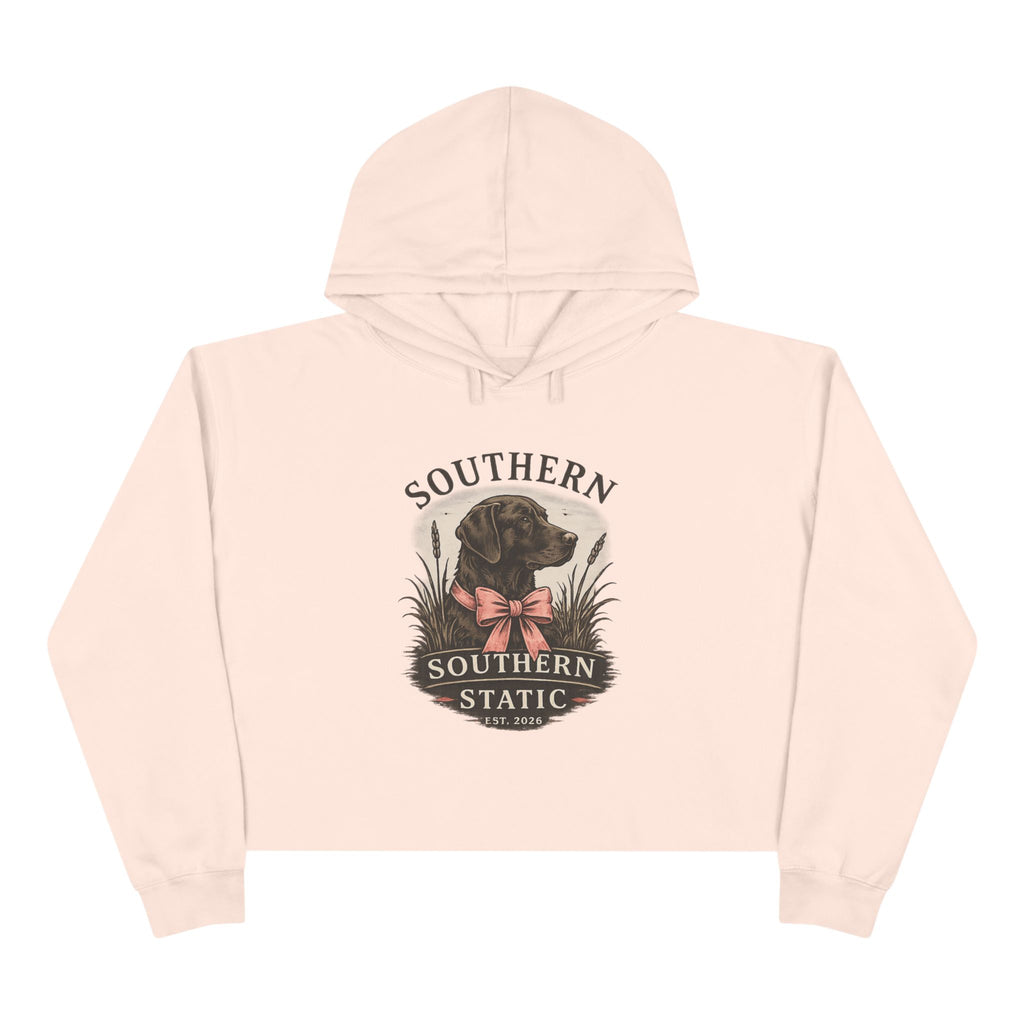 Southern Static Dog Crop Hoodie — Vintage Black Lab Graphic Cropped Hoodie