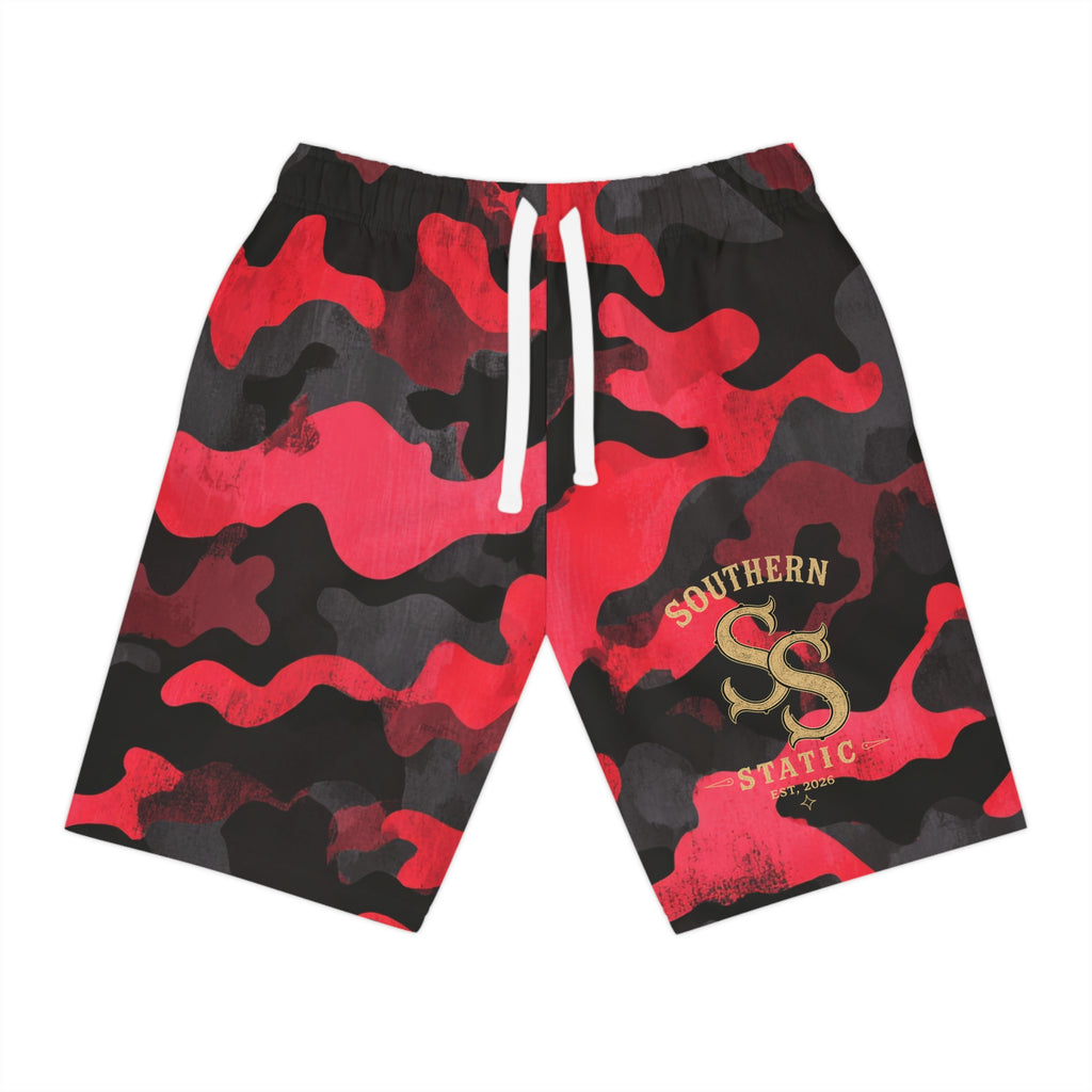 Red Camo Athletic Long Shorts — Southern Static Logo