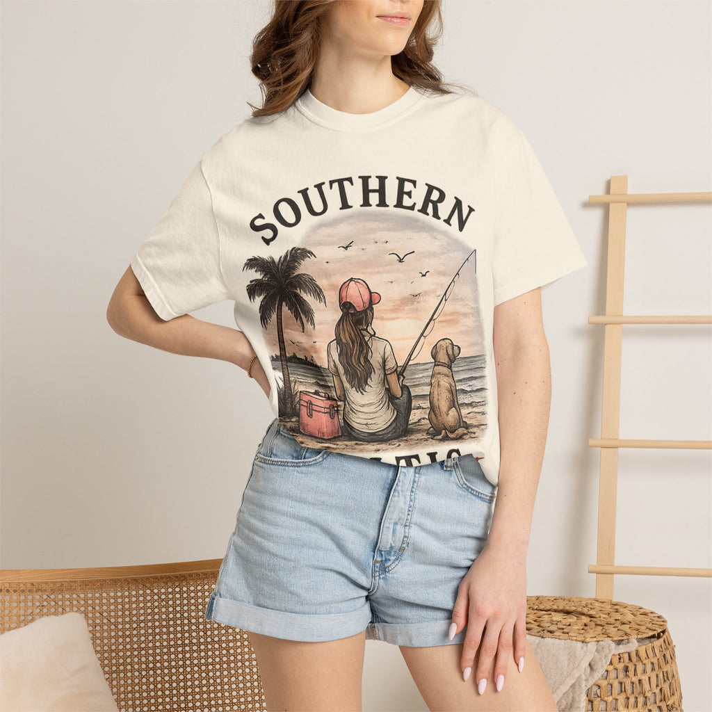 Southern Static Fishing T-Shirt — Woman & Dog Beach Sunset Tee