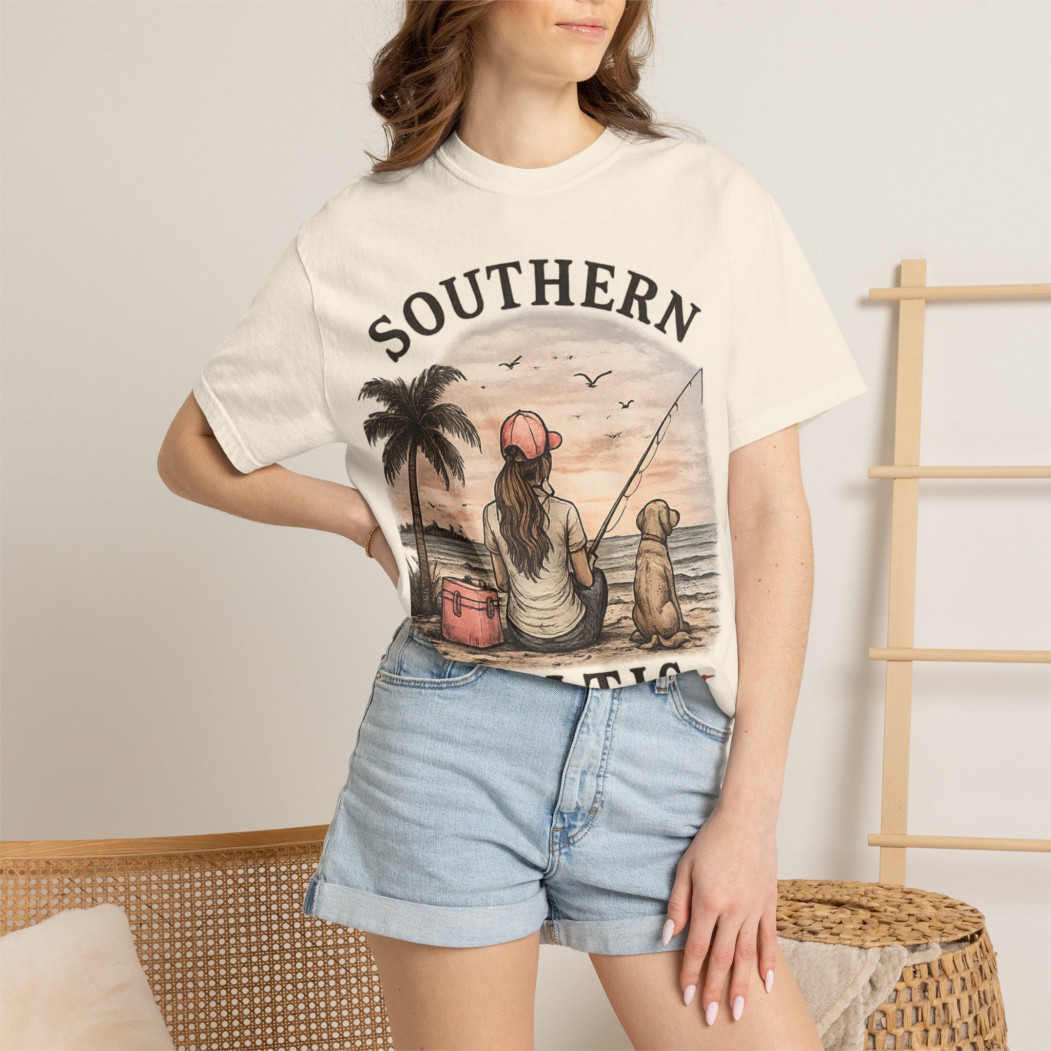 Southern Static Fishing T-Shirt — Woman & Dog Beach Sunset Tee